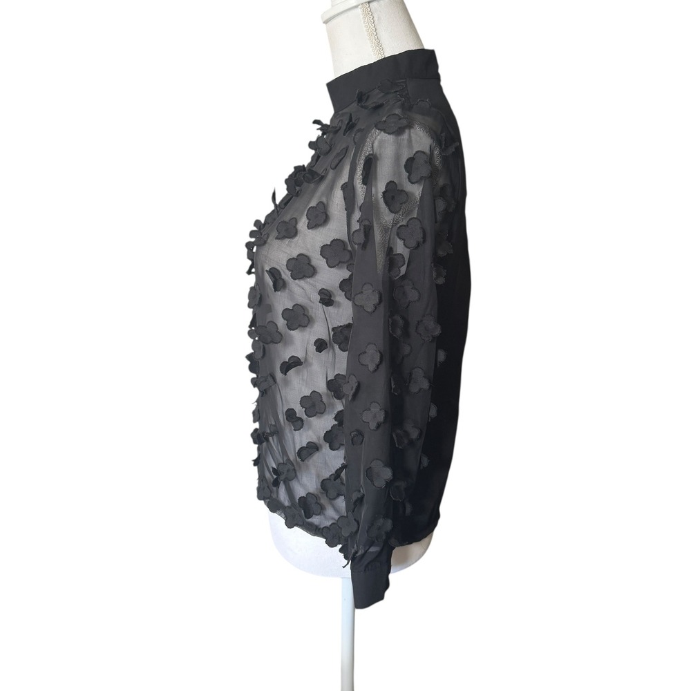 I Love Wen Le Black Sheer Mock Neck Blouse 3D Floral Applique Long Sleeve Size S - Picture 11 of 11